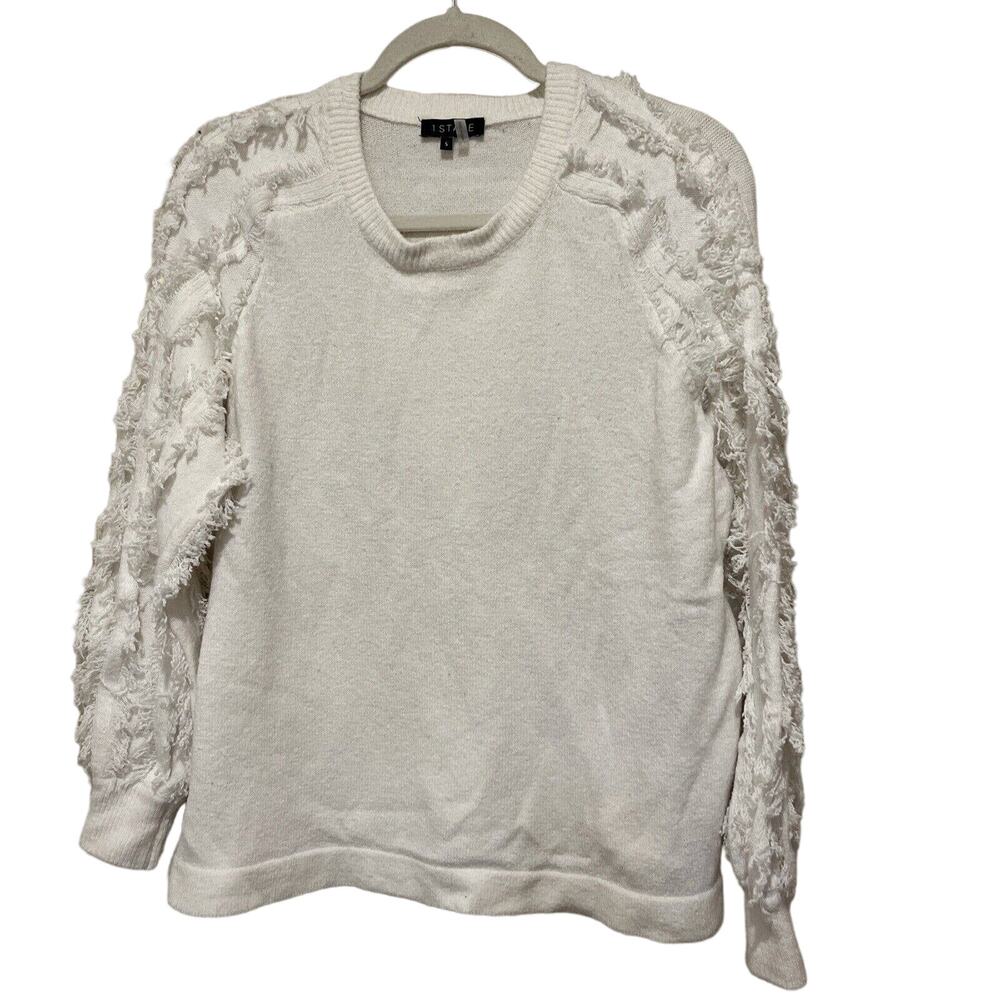 1 State White Fuzzy Sleeve Sweater Fringe Ivory Cream Womens Sz S